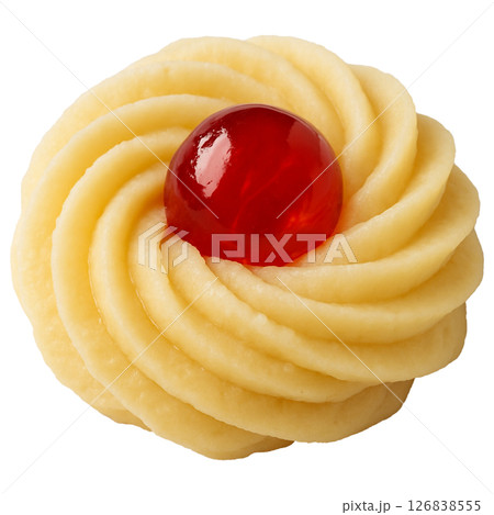 赤いチェリージャムをのせた焼く前の絞り出しクッキーのアップ 126838555