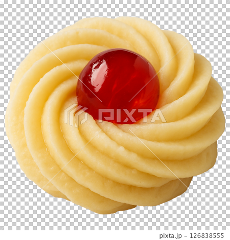 赤いチェリージャムをのせた焼く前の絞り出しクッキーのアップ 126838555