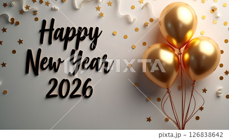 Festive Happy New Year 2026 celebration background with elegant golden balloons 126838642