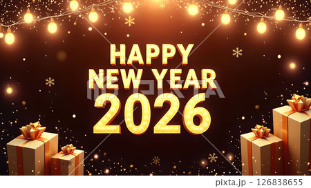 Radiant 'Happy New Year 2026' Celebration with Festive Lights and Golden Gifts Radiant 'Happy New Year 2026' Celebration with Festive Lights and Golden Gifts 126838655