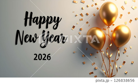 Elegant Happy New Year 2026 Celebration with Golden Balloons and Confetti Display Elegant Happy New Year 2026 Celebration with Golden Balloons and Confetti Display 126838656