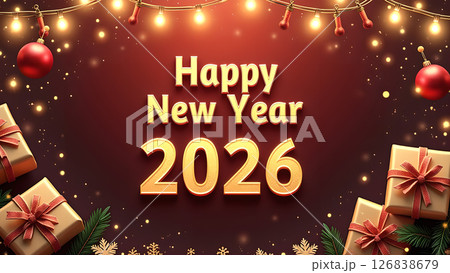 Festive Happy New Year 2026 Celebration with Gifts and Glowing Decorations Festive Happy New Year 2026 Celebration with Gifts and Glowing Decorations 126838679