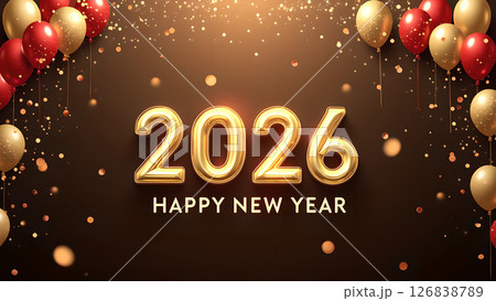 Elegant 2026 New Year Celebration: Golden Numerals with Balloons and Confetti Elegant 2026 New Year Celebration: Golden Numerals with Balloons and Confetti 126838789