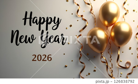 Elegant Happy New Year 2026 Celebration with Golden Balloons and Confetti Delight 126838792