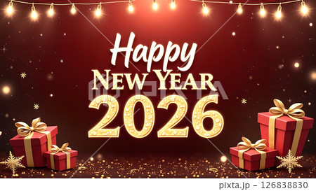 Festive Happy New Year 2026 Celebration Backdrop with Gift Boxes and Lights 126838830
