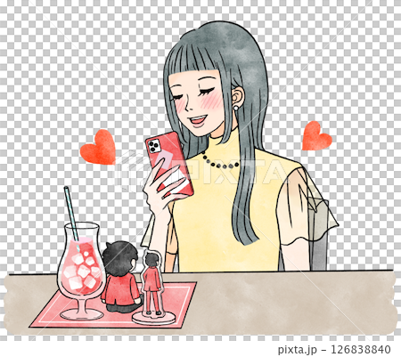 カフェで推しぬいの写真を撮る推し活をする女性のイラスト 126838840