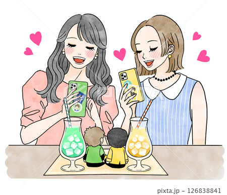 カフェで推しぬいの写真を撮る推し活をする女性のイラスト カフェで推しぬいの写真を撮る推し活をする女性のイラスト 126838841