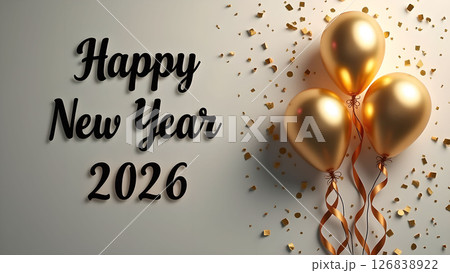 Elegant happy new year 2026 celebration with gold balloons and confetti background Elegant happy new year 2026 celebration with gold balloons and confetti background 126838922