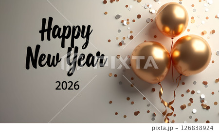 Elegant Happy New Year 2026 celebration with golden balloons and confetti 126838924