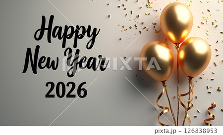 Festive Happy New Year 2026 Celebration with Gold Balloons and Confetti Background 126838953