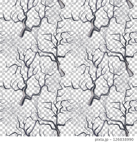 Seamless pattern with a scary forest. Curved branches in the web. Big and small web. Watercolor illustration isolated from the background. Hand drawn. Gothic vintage style. For fabric, textile.  126838990