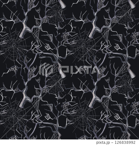 Seamless pattern with a scary forest. Curved branches in the web. Big and small spider web. Watercolor illustration on a black background. Hand drawing. Gothic vintage style. For fabric, textile . 126838992