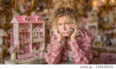 Mother expresses frustration while talking on smartphone in cozy home setting 126839016