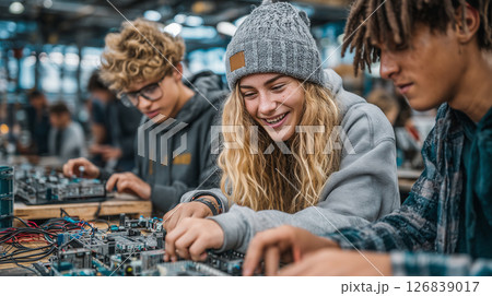 High school students collaborate on innovative robot-building project in a vibrant classroom 126839017