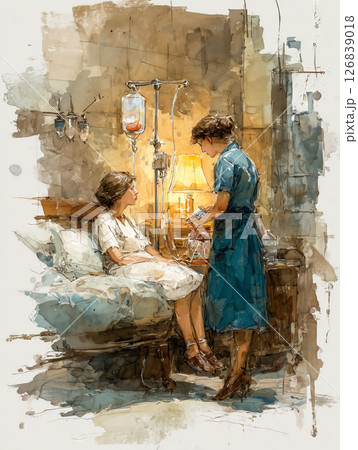 Nurse carries out intravenous line insertion for patient in hospital room 126839018