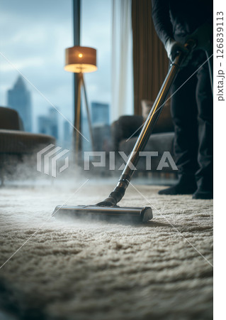 Professional technician cleans a carpet in a modern city apartment 126839113