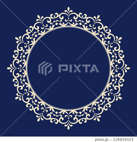 Decorative frame Elegant vector element for design in Eastern style, place for text. Floral golden and dark blue border. Lace illustration for invitations and greeting cards 126839325