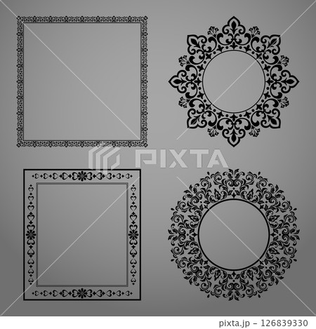 Set of decorative frames Elegant vector element for design in Eastern style, place for text. Floral black and gray borders. Lace illustration for invitations and greeting cards Set of decorative frames Elegant vector element for design in Eastern style, place for text. Floral black and gray borders. Lace illustration for invitations and greeting cards 126839330