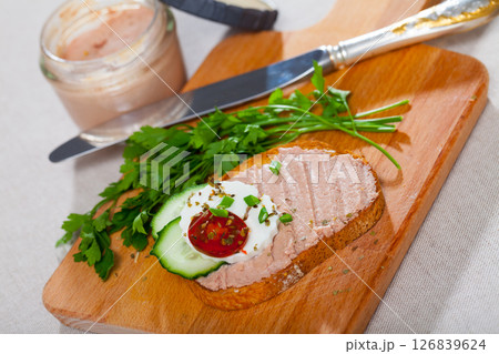 Toast with pate, cheese, cucumber Toast with pate, cheese, cucumber 126839624