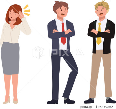 office gossip concept. two men talking secretly and curious woman eavesdropping in office. 126839862
