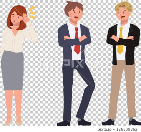 office gossip concept. two men talking secretly and curious woman eavesdropping in office. 126839862