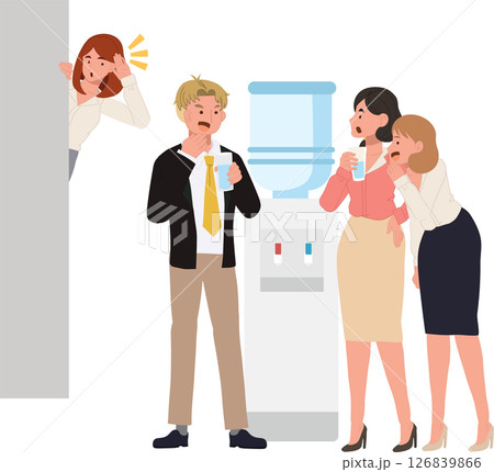 gossip office gossip workplace drama near water cooler with woman eavesdropping behind wall 126839866