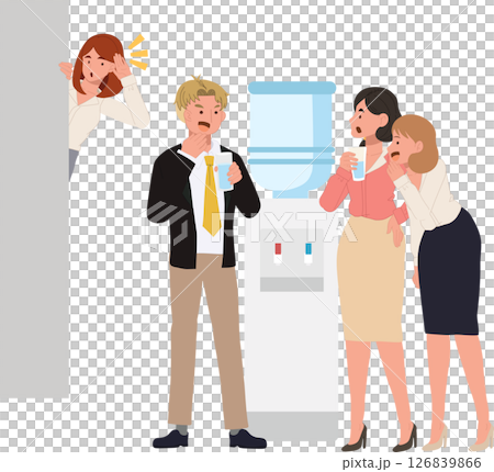 gossip office gossip workplace drama near water cooler with woman eavesdropping behind wall 126839866