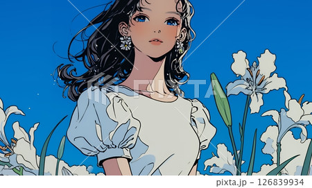 ユリの花と若い女性