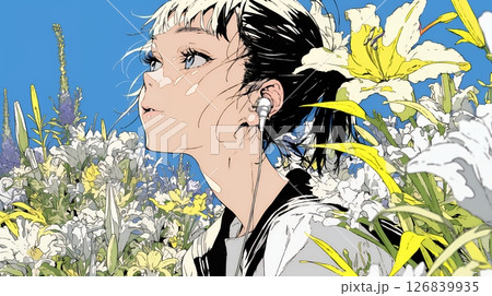 ユリの花と若い女性