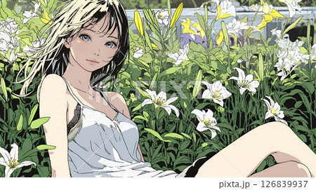 ユリの花と若い女性