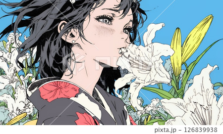 ユリの花と若い女性