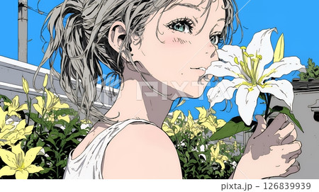 ユリの花と若い女性
