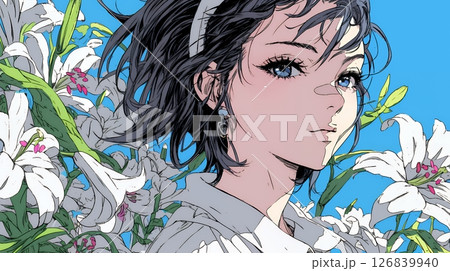 ユリの花と若い女性