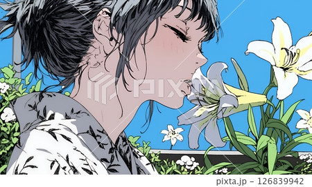 ユリの花と若い女性