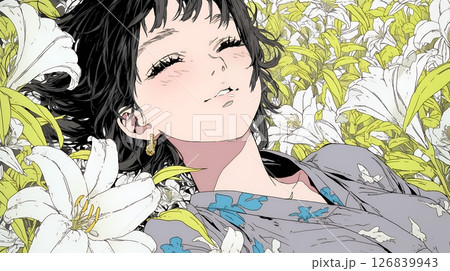 ユリの花と若い女性