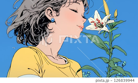 ユリの花と若い女性