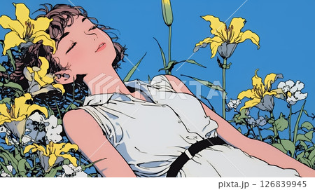 ユリの花と若い女性