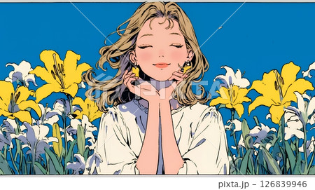 ユリの花と若い女性