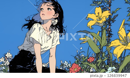 ユリの花と若い女性