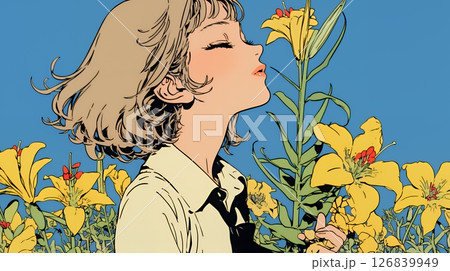 ユリの花と若い女性