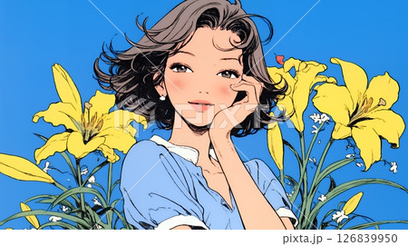 ユリの花と若い女性