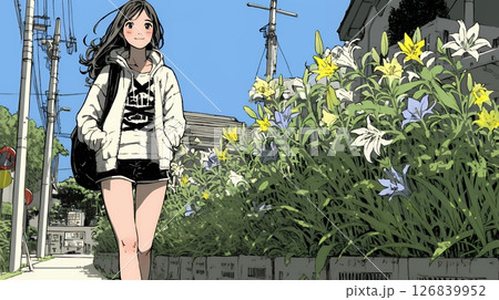 ユリの花の小径を歩く若い女性