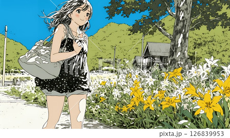 ユリの花の小径を歩く若い女性
