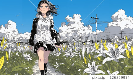 ユリの花の小径を歩く若い女性