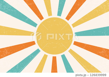 Retro sunrise background. Vector pattern with radial rays and grunge texture. 70s abstract vintage summer poster. Orange and green beams on old paper backdrop 126839999