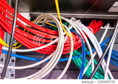large group of UTP cables, Ethernet cables in rack cabinet, lead 126840156