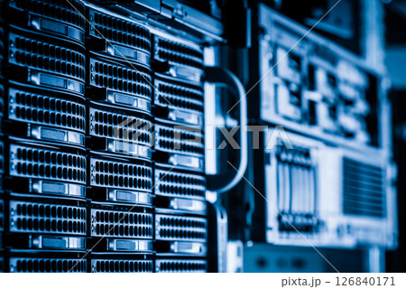 cluster of data storage SSD hard drives inside server rack 126840171