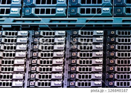 Array of data storage hard drives in internet data center 126840187