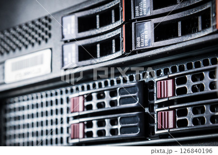 Array of data storage hard drives in internet data center 126840196
