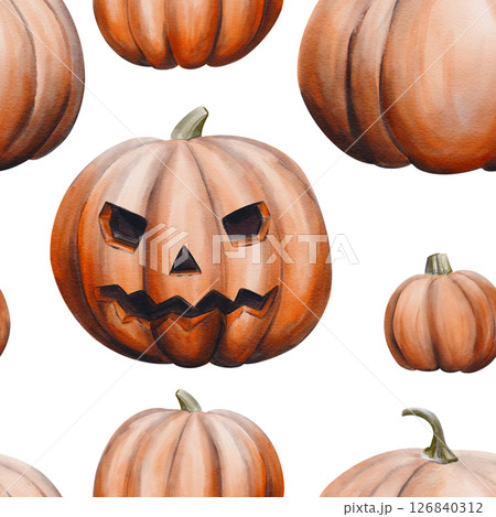Seamless pattern with pumpkins. Jack's head. Halloween pattern. Autumn harvest. Watercolor illustration isolated from the background. Hand drawing. For fabric, textile and wallpaper. Seamless pattern with pumpkins. Jack's head. Halloween pattern. Autumn harvest. Watercolor illustration isolated from the background. Hand drawing. For fabric, textile and wallpaper. 126840312